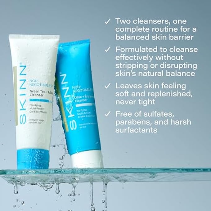 Skinn DAY & NIGHT FACE WASH FOR WOMEN & MEN - REFRESHING GREEN TEA & MINT INFUSION, NOURISHING OLIVE & ENZYME FORMULA - COMPLETE AM/PM CLEANSER SET FOR HYDRATED - Image 3